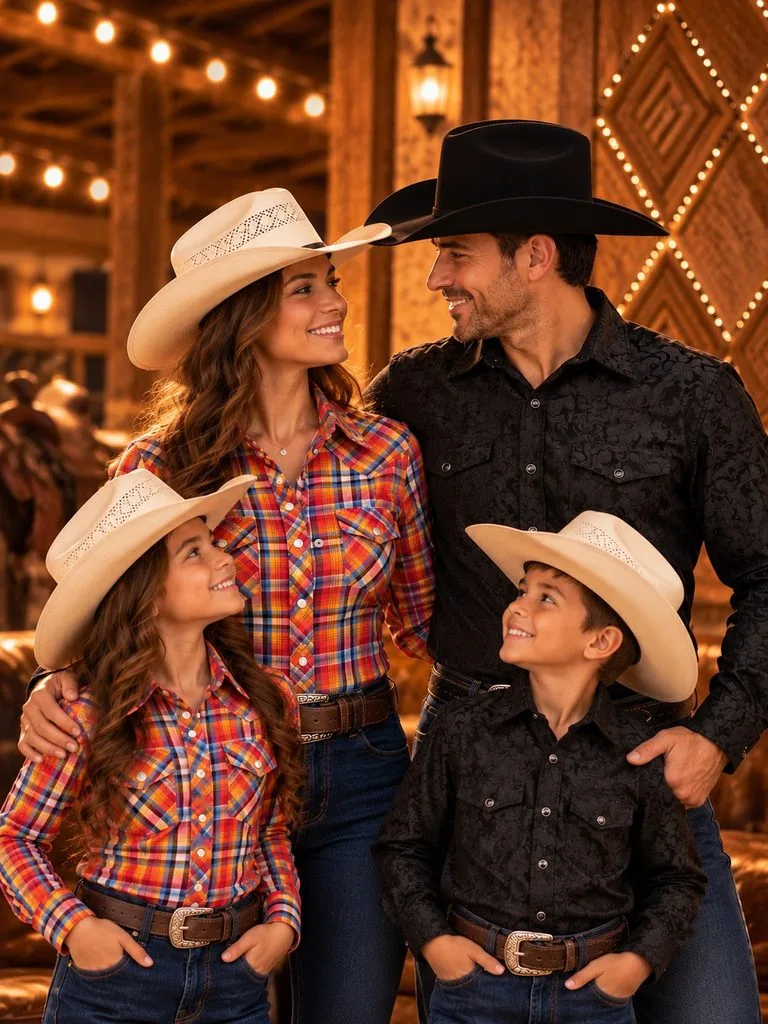 Familia vaquera con blusas Custer Valencia y camisas Boston Yakar.